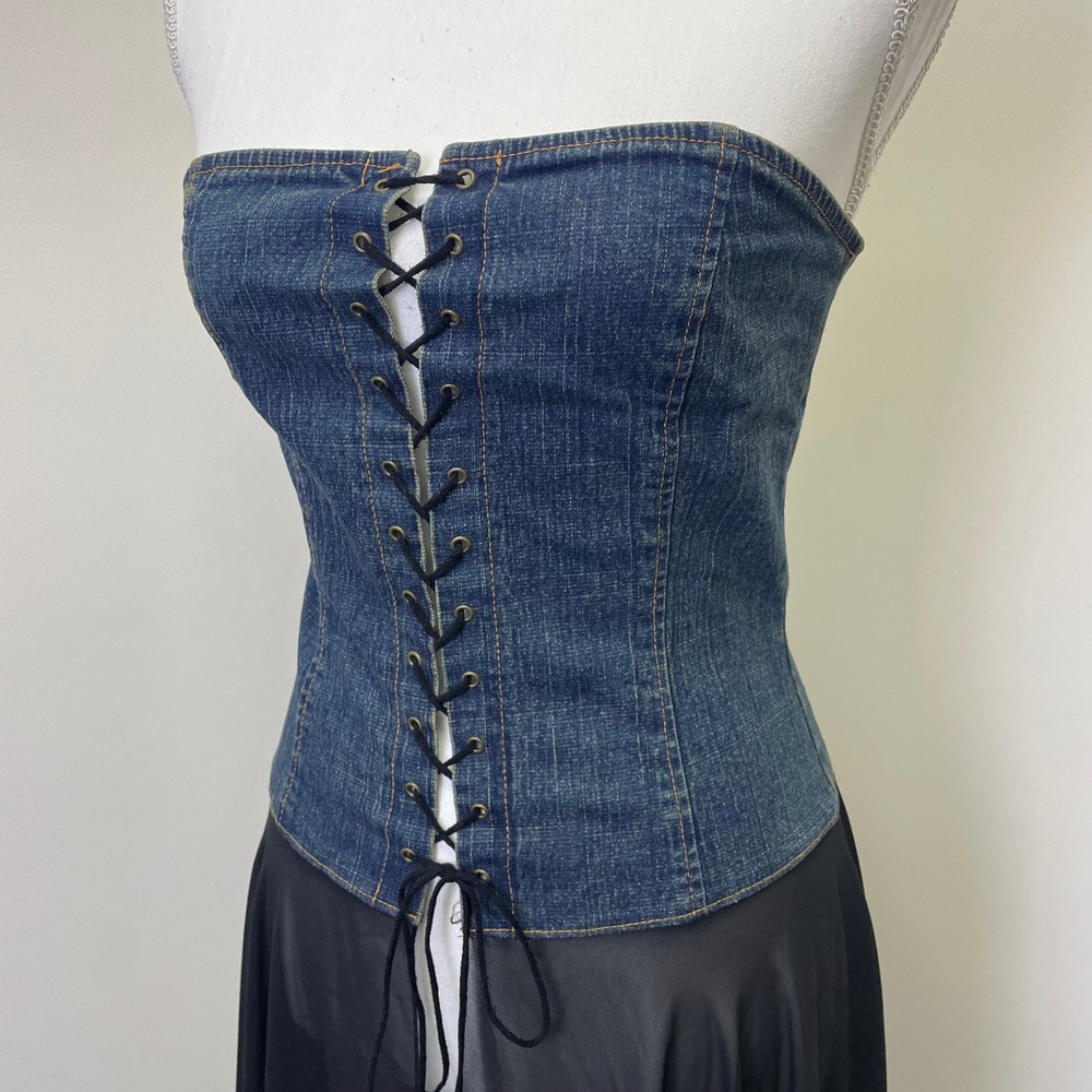 Sole Mio Y2K Denim Corset Top M Lace Up Asymmetrical Sheer Chiffon Whimsigoth - Picture 5 of 14